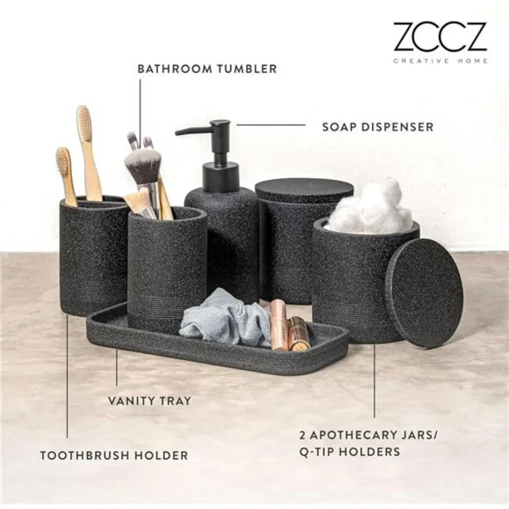 Black Bathroom Accessories Set 6 Pcs - Toothbrush Holder, Lotion Soap Dispensers